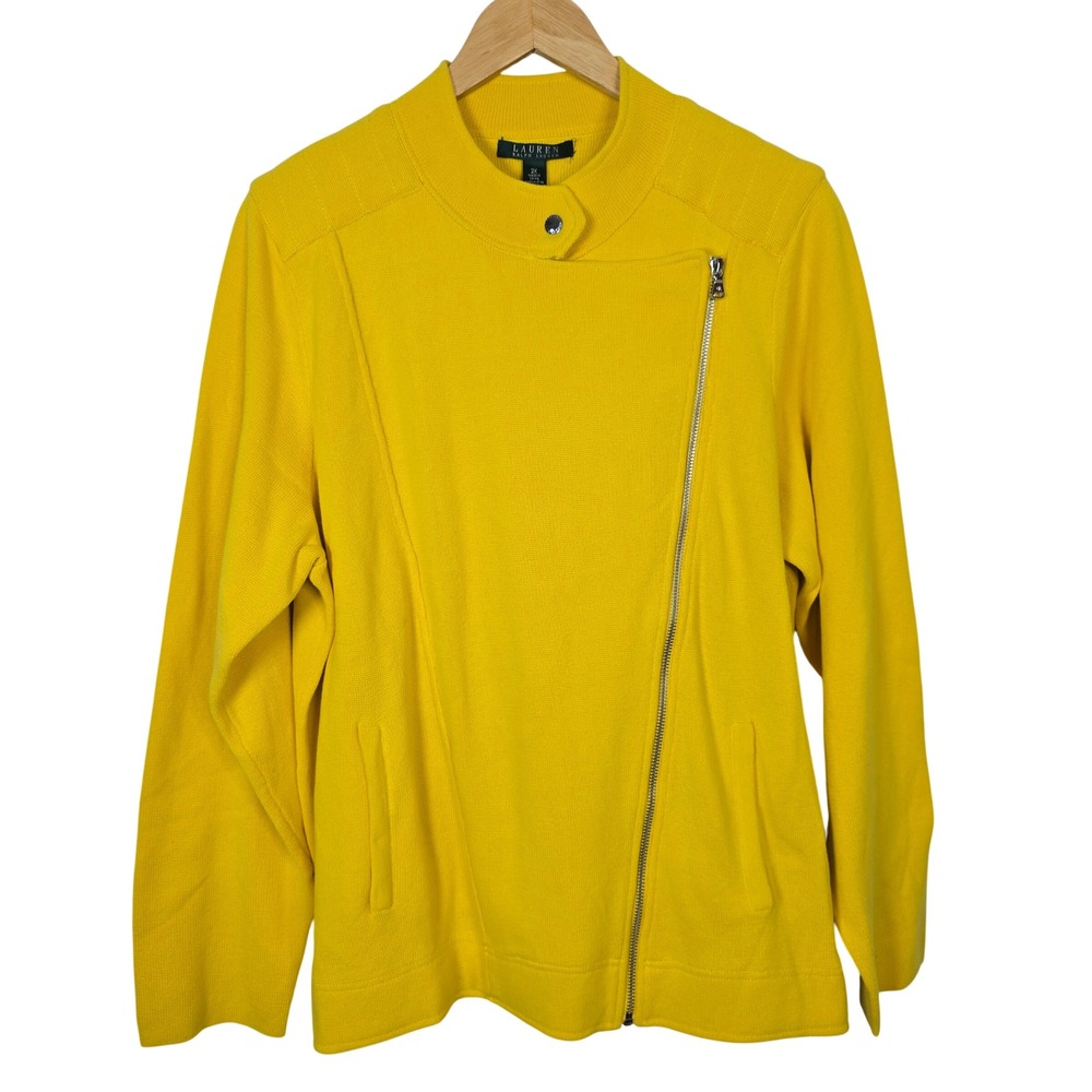 Lauren Ralph Lauren Womens 2X Maritime Yellow Cotton Moto Zip Sweater Jacket NWT